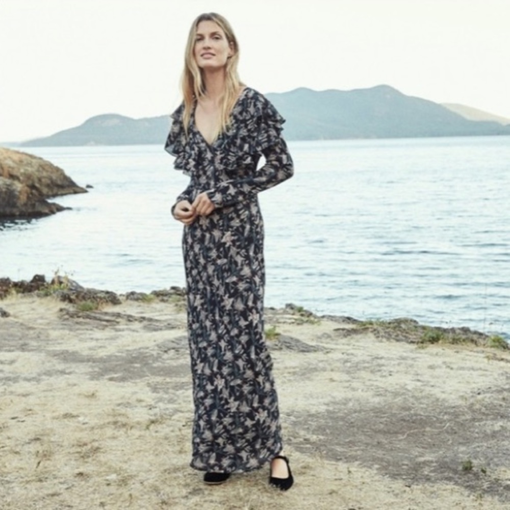 Doen Whistler Lily Print Ruffled V-Neck Maxi Dress